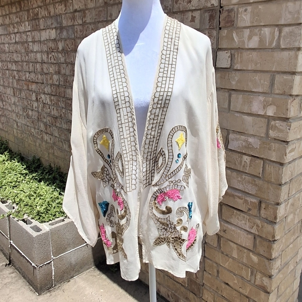 Tracy Reese Silk Embellished Open-front Sleeve Kimono Blouse Women Size X-Small - Picture 6 of 16